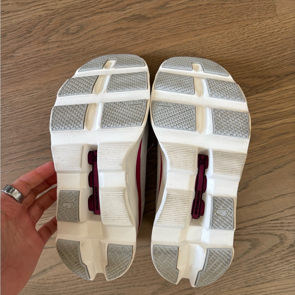 On Running Women's Cloudmonster Sneaker in White with Magenta Accents - Picture 8 of 9